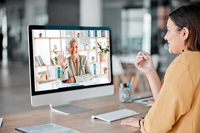 Buy stock photo Video call, computer and business women wave in office, talking and chatting in virtual chat. Technology, communication and employees or people waving in online meeting, webinar or digital discussion