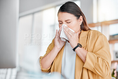 Buy stock photo Woman, office and tissue for nose by computer in public relations management with allergy, dust and sneeze. Corporate manager, covid 19 and toilet paper for virus, bacteria and desktop for PR career