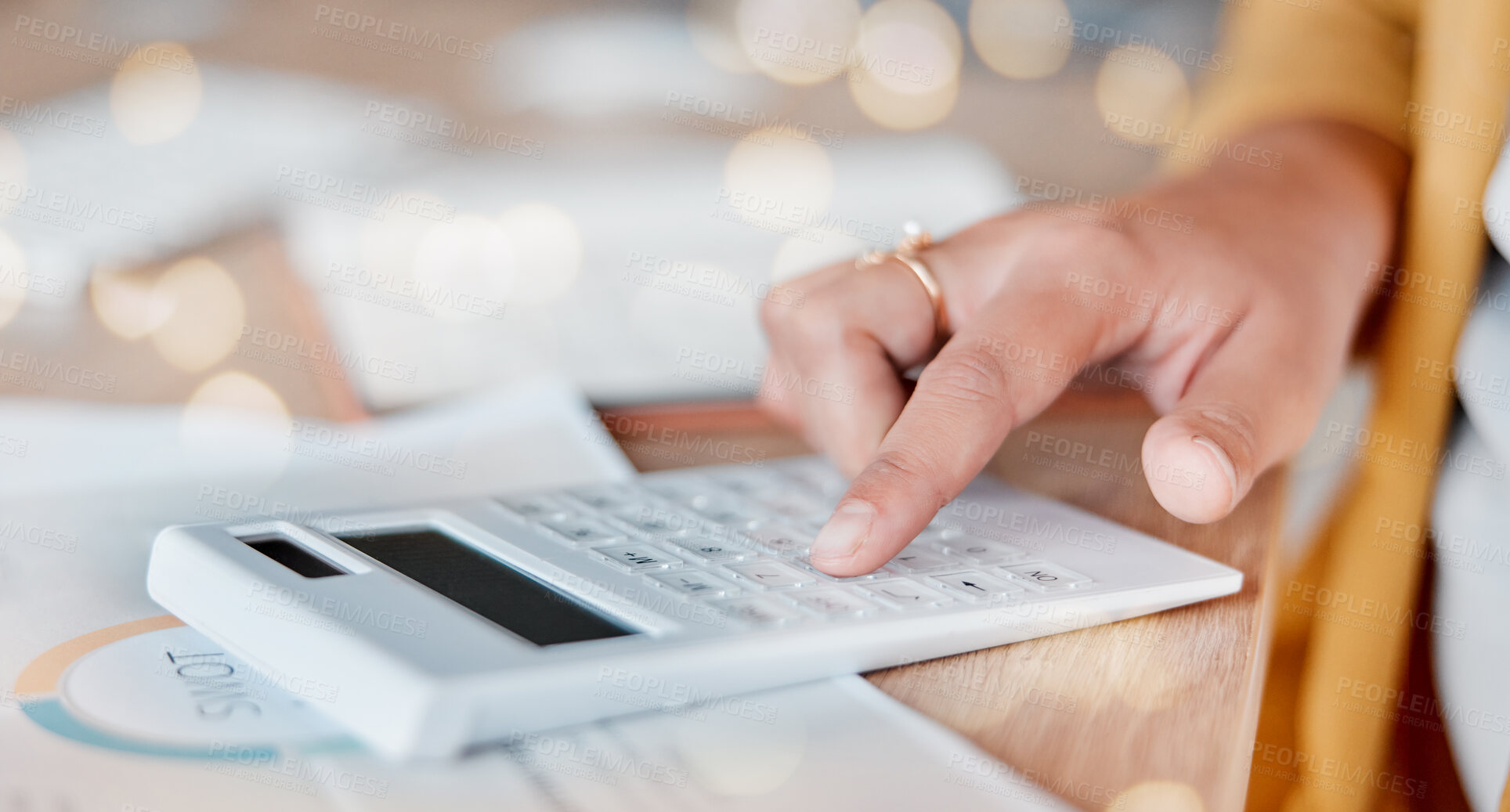 Buy stock photo Hands, calculator and finance for company budget, expenses or statistics on office desk at workplace. Hand of financial advisor on table calculating corporate profit, investment or salary on mockup
