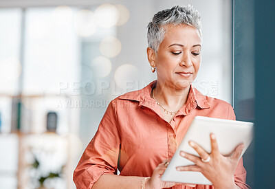 Buy stock photo Digital tablet, senior woman and working business employee reading app data in a agency. Mature worker, online planning and female with focus and mockup on a internet connection networking on the web