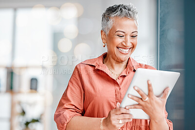 Buy stock photo Tablet ux work, senior woman laugh and working business employee reading funny app data. Mature worker, online planning and female with meme and mockup on a internet connection networking on the web