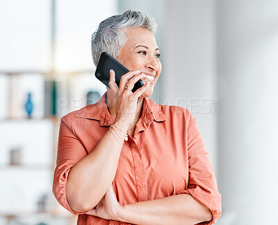 Buy stock photo Business, office and senior woman on a phone call for discussion, client networking and client connection. Communication, technology and female ceo speaking, talking and in conversation on smartphone