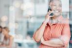 Success, business and senior woman on a phone call for discussion, client networking and connection by window. Communication, smile and female ceo speaking, talking and in conversation on smartphone