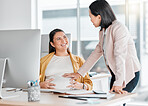 Pregnancy, friends touch and office workplace by computer with smile, talk or motivation for future mom. Pregnant woman, desk and happy chat in public relations career with women, abdomen and desktop