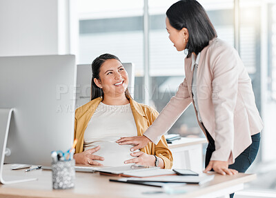 Buy stock photo Pregnancy, friends touch and office workplace by computer with colleague, smile and talking with future mom. Pregnant woman, desk and happy chat for support in career for women, abdomen and desktop