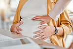 Pregnant woman, hand touch and stomach closeup of women in a office ready for work. Pregnancy, new mother and co working showing mama support by touching abdomen in the workplace with care and love