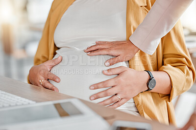 Buy stock photo Pregnant woman, hand touch and stomach closeup of women in a office ready for work. Pregnancy, new mother and co working showing mama support by touching abdomen in the workplace with care and love