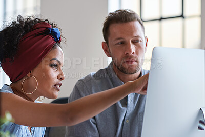 Buy stock photo Training, planning and business people with an idea for web design, coding and project on computer. Creative, conversation and woman coaching a man on a programming system for development on a pc