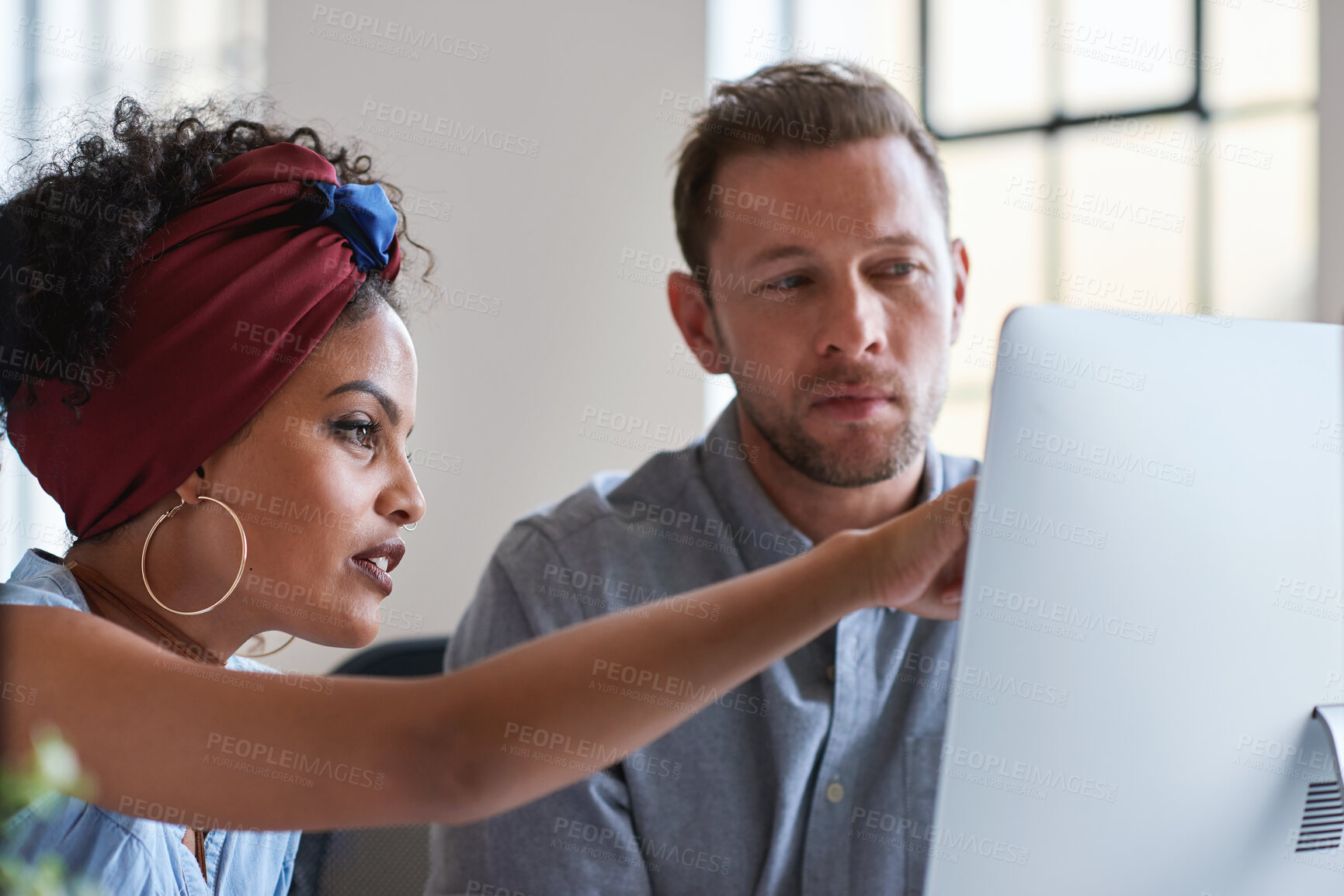 Buy stock photo Training, planning and business people with an idea for web design, coding and project on computer. Creative, conversation and woman coaching a man on a programming system for development on a pc