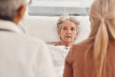 Buy stock photo Hospital visit, senior woman and consultation of a elderly person in bed listening to results. Support, medical consulting and old patient in clinic bed listen to medicine advice and counseling