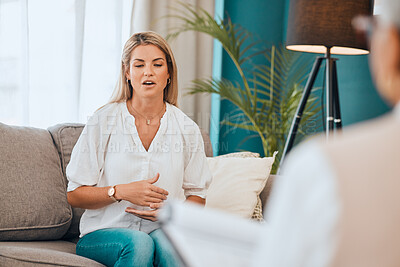 Buy stock photo Woman, counseling and psychology consulting for therapy, mental healthcare or support. Patient talking to psychologist, therapist and medical help of depression, consultation advice or wellness check