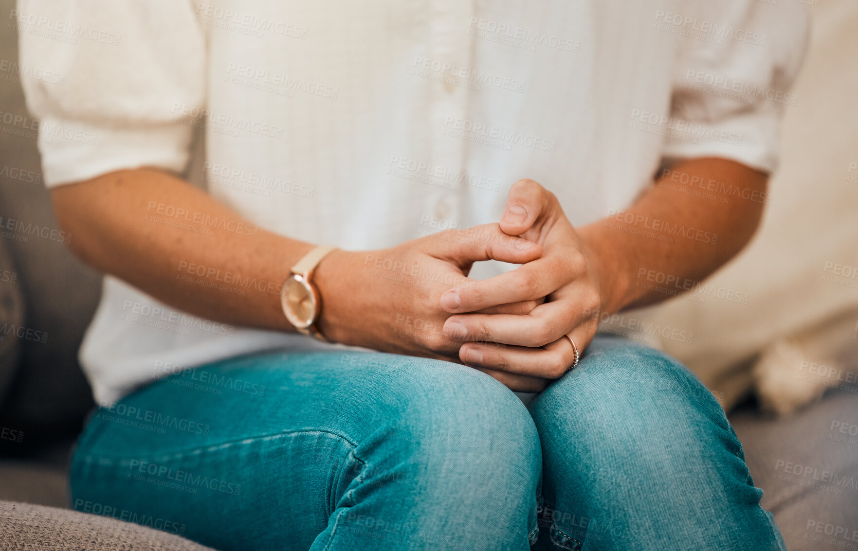 Buy stock photo Hands, anxiety and mental health with woman in therapy, psychology and counseling with healthcare and insurance. Talk about trauma, stress or frustrated, grief and loss with depression and support