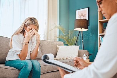 Buy stock photo Mental health, counseling with doctor and patient, depression and anxiety, women in office and psychology. Trauma, stress or frustrated, grief and support, psychologist writing notes or checklist