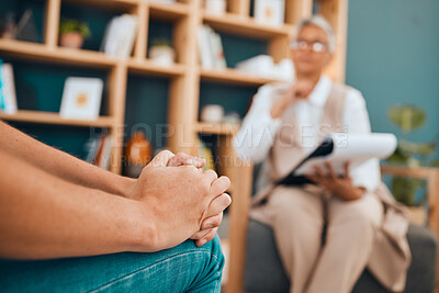 Buy stock photo Hands, psychology and patient with anxiety in a session for help or mental health counseling. Healthcare, psychiatry and closeup of a woman with depression, trauma or stress speaking to psychologist.