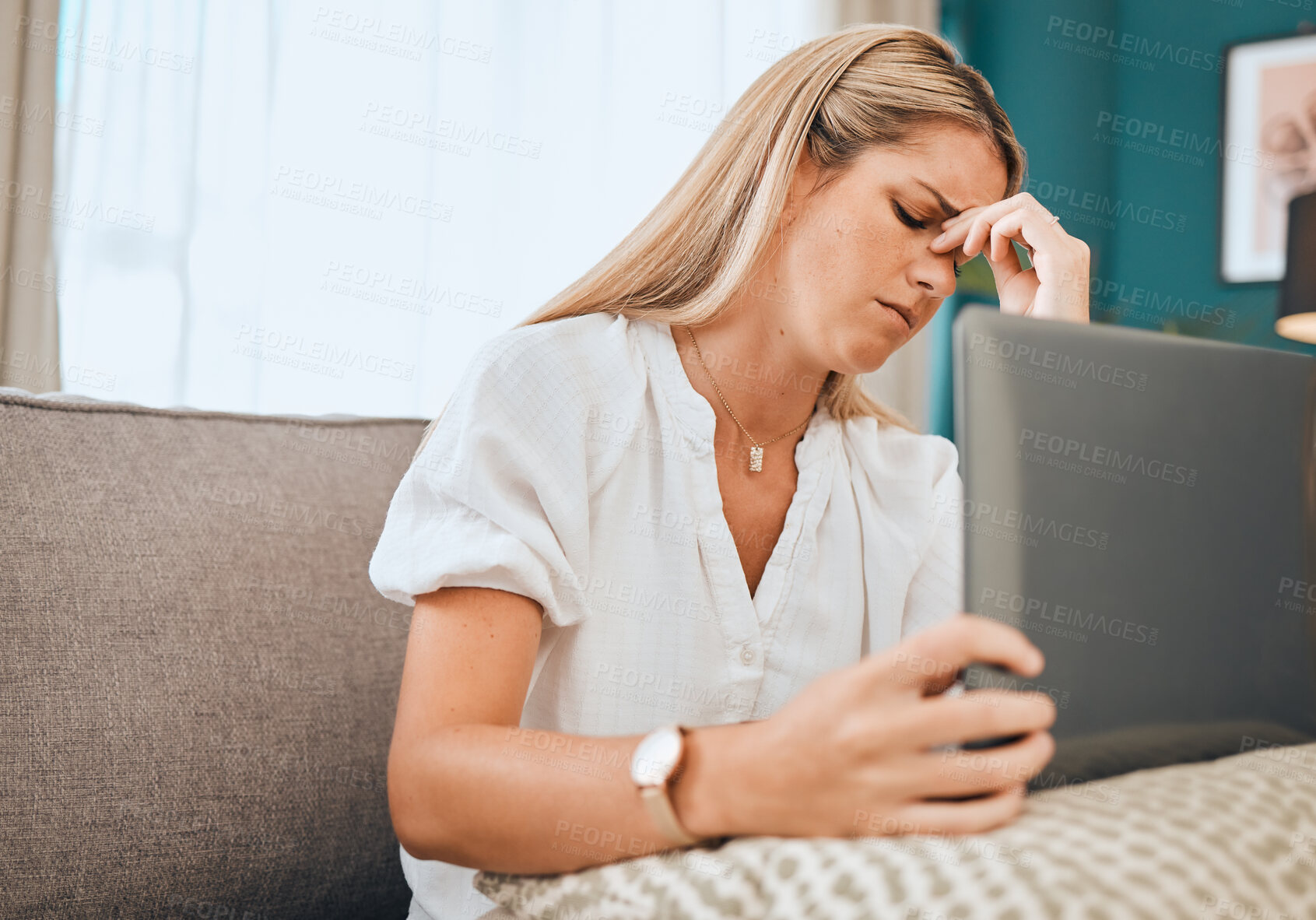 Buy stock photo Headache, laptop and business woman with debt stress and technology report burnout. Anxiety, mental health problem and tired employee on a computer glitch and 404 tech issue feeling frustration