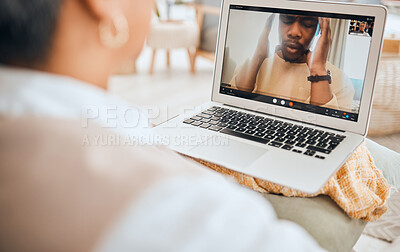 Buy stock photo Laptop screen, video call and mental health with people in virtual counseling consultation, doctor and patient. Psychologist, depression and trauma, anger and anxiety with support and trust 