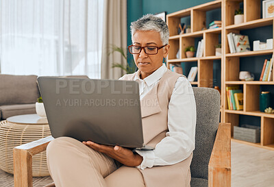 Buy stock photo Mature psychologist, computer work and serious psychology doctor doing research in office. Therapist, reading and digital data planning of a mental health worker looking at online counseling notes