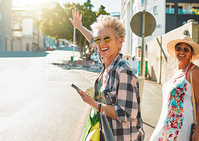 Buy stock photo Friends, senior women and travel, adventure in city and happiness, freedom outdoor with smile. Happy, retirement and vacation in California, urban street and phone with fashion, sunglasses and mockup