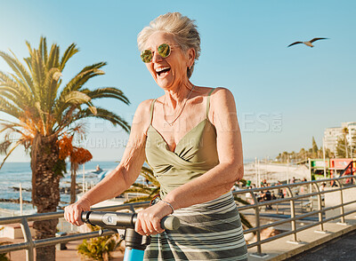 Buy stock photo Summer, scooter and happy senior woman enjoy beach day on weekend, retirement holiday and vacation. Travel lifestyle, journey and excited elderly female smile on adventure, freedom and relax in Miami