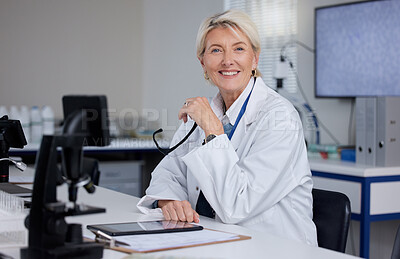 Buy stock photo Portrait, senior woman and scientist with smile, laboratory and research for medical cure, healthcare and microscope. Face, mature female and old lady with, medicine and happy researcher in lab