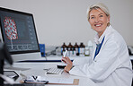 Science portrait, computer and senior scientist work on virus report for healthcare innovation, lab research or medical analysis. Laboratory, medicine study and woman happy for hospital development