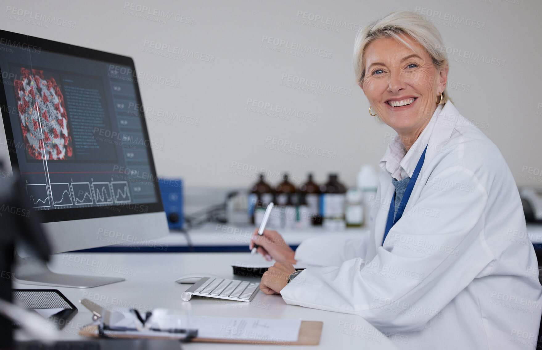 Buy stock photo Science portrait, computer and senior scientist work on virus report for healthcare innovation, lab research or medical analysis. Laboratory, medicine study and woman happy for hospital development