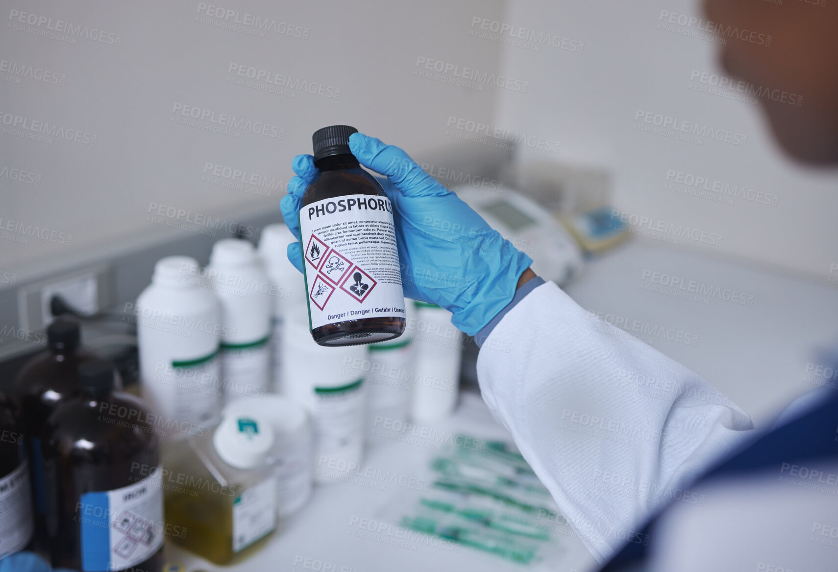 Buy stock photo Hand, science or phosphorus and a doctor working in a lab with chemicals for an experiment or reaction. Medical, pharmacy and healthcare with a scientist at work in a laboratory for development