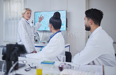 Buy stock photo Science, presentation and woman scientist in the laboratory meeting, training or seminar. Innovation, leadership and senior female speaker presenting research discovery to team with technology in lab