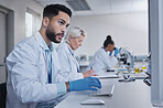 Typing, focus scientist working on computer in lab for medical search, innovation or science study in hospital. Medicine, internet or group of doctors on tech for healthcare or wellness DNA research