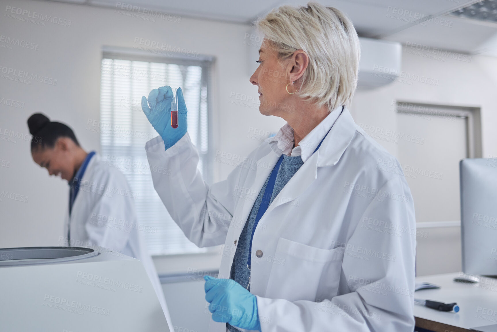 Buy stock photo Thinking, laboratory or woman with blood in test tube for medical search, healthcare or dna research. Science, medicine lab or scientists doctor with fluid sample analysis, study or results examine