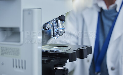 Buy stock photo Science, sample and research with microscope in laboratory for medicine, pharmacy and vaccine cure. Bacteria, glass and technology with equipment for experiment, medical and investigation study