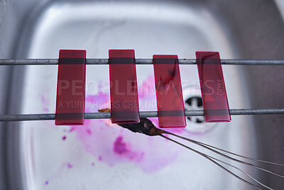 Buy stock photo Red, blood and glass slide in laboratory stain research, dna cell engineering or acid particles chemistry in top view sink. Zoom, science and healthcare dye study in medical pharmacy with cotton swab