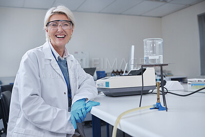 Buy stock photo Mature woman, portrait or laboratory glass in science research, future dna engineering or bacteria analytics on fire. Happy, smile or scientist equipment in healthcare pharmacy test or medical study