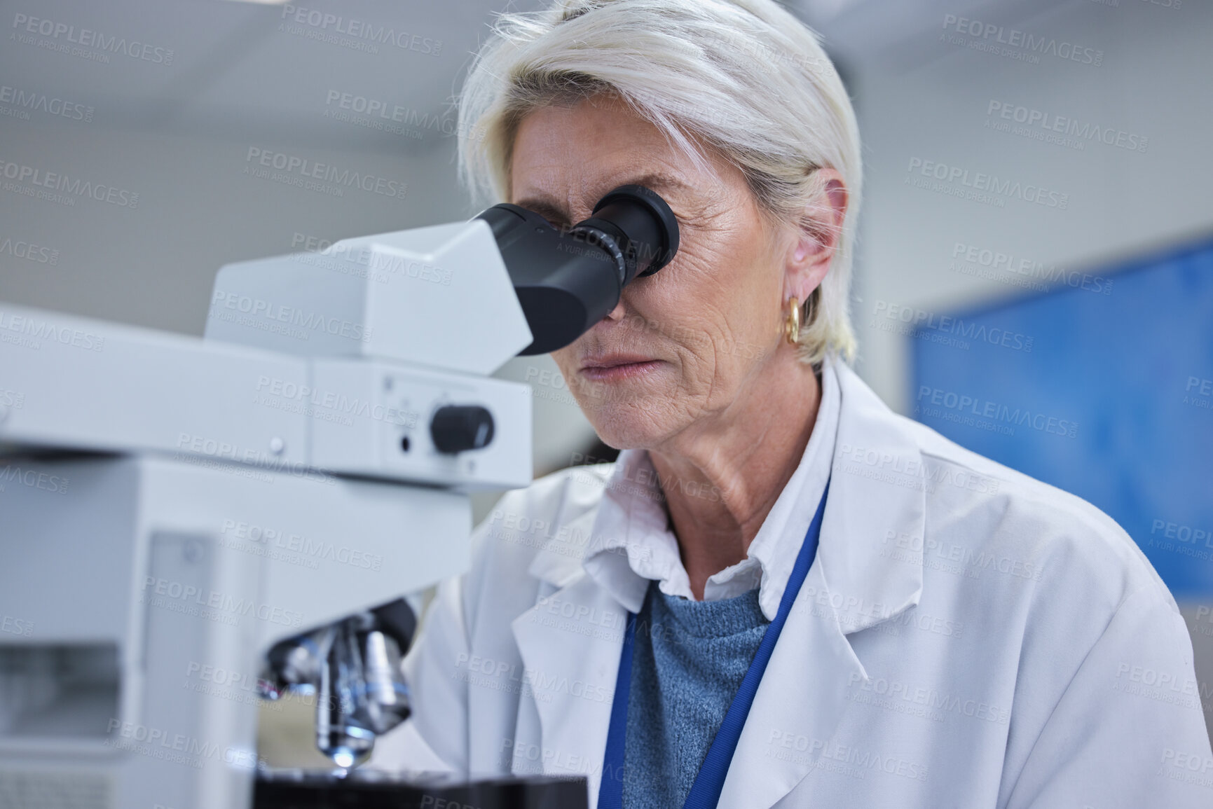 Buy stock photo Mature woman, laboratory or microscope in science research, future dna engineering or bacteria analytics. Scientist, magnify or equipment in healthcare pharmacy test, medical or particles innovation