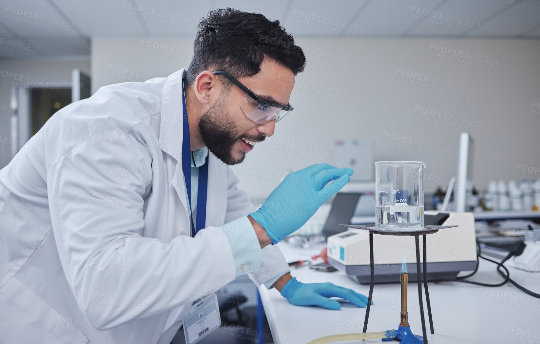 Buy stock photo Man, glasses or laboratory glass in science research, future dna engineering or bacteria analytics on fire flame. Happy, smile or scientist beaker in healthcare pharmacy test or medical study safety