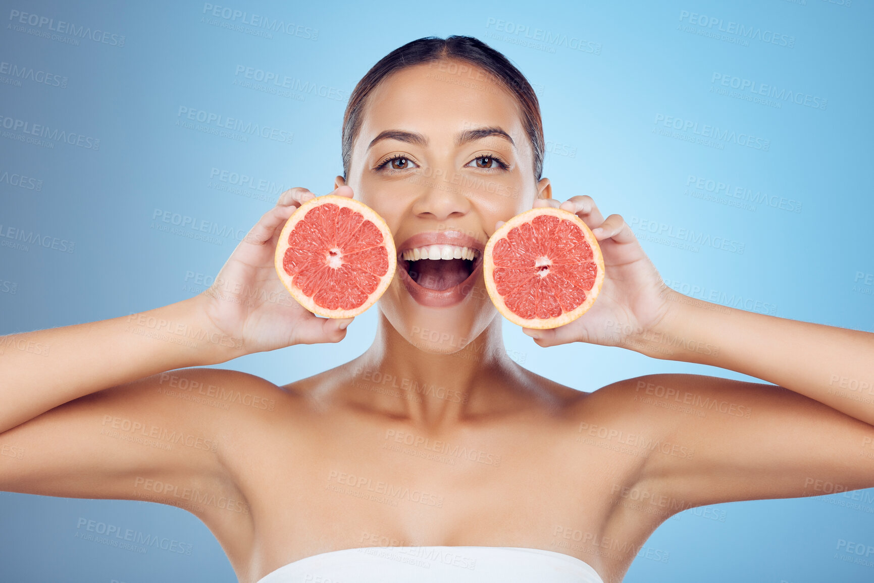 Buy stock photo Grapefruit, skincare portrait and woman cosmetics on studio background for wellness benefits. Beauty model, diet and citrus fruits for natural detox, healthy nutrition and happy face with vitamin c