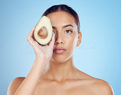 Buy stock photo Avocado wellness, studio portrait and woman with healthy skincare for face, beauty and vegan makeup. Model, green fruits and natural cosmetics for detox, facial nutrition and aesthetic glow benefits