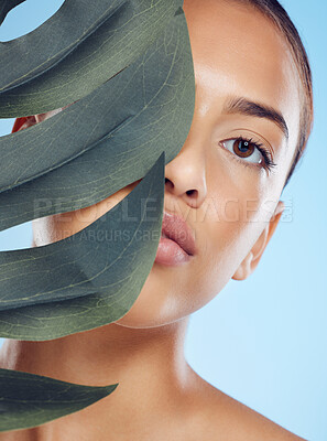 Buy stock photo Leaf, beauty and portrait of a woman in a studio with a skincare, natural and facial treatment. Health, wellness and female model from Brazil with a plant for organic face routine by blue background.