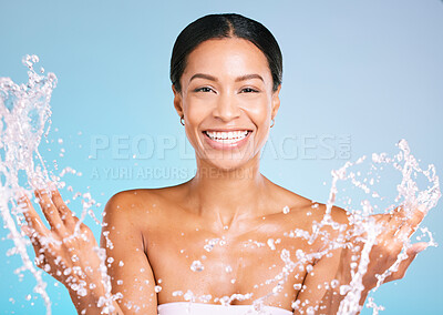 Buy stock photo Beauty, portrait and splash with woman and water for shower, cleaning and hydration. Facial, skincare and spa with girl model and moisture for wellness, spa treatment or cleaning in studio background