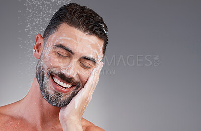 Buy stock photo Mockup, man and water for face, beauty and foam for washing, dermatology and grey studio background. Skincare, male and gentleman cleaning, cosmetics and morning routine for treatment and soft skin