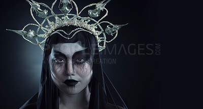 Buy stock photo Halloween makeup, woman costume and portrait of grunge Korean cosmetics with grunge royalty aesthetic. Cosplay, goth fashion and Asian model with creative cosmetics and crown in studio with mockup