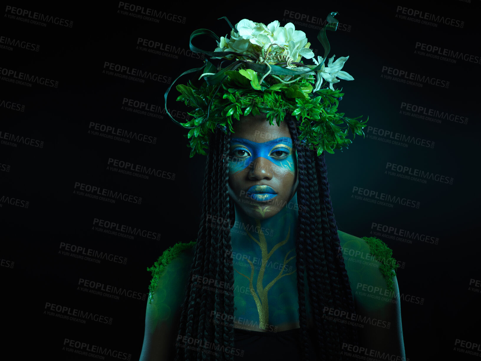 Buy stock photo Black woman, portrait and plant crown beauty face and makeup on dark background with tropical leaf. Fairy model person or Queen of nature, ecology and sustainability for natural wreath art freedom