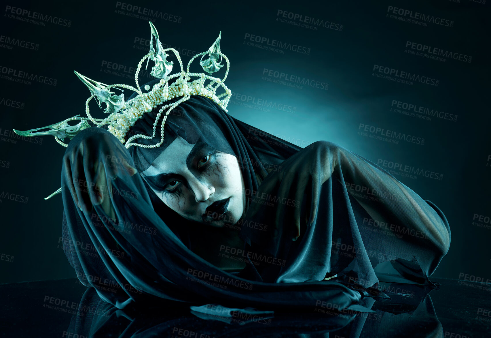 Buy stock photo Veil, dark and fantasy with portrait of queen for evil makeup, fashion and horror art. Creative, mystery and fabric with woman and crown for spooky, elegant and nightmare in studio background 