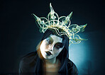 Art portrait, makeup and queen woman isolated on black background in dark fantasy, macabre and beauty character. Vampire, fashion and crown of avatar person or model cosmetics in night studio mockup 