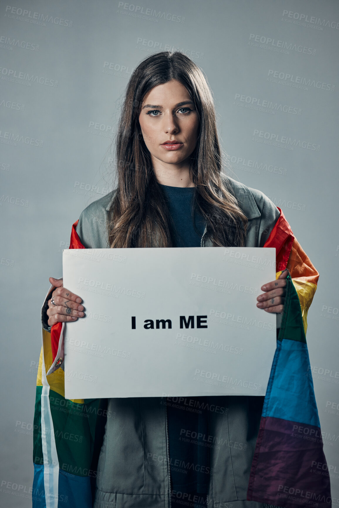 Buy stock photo Woman, protest and poster in pride for gay, LGBTQ equality or human rights against gray studio background. Portrait of confident female activist with I am me message board for sexuality empowerment