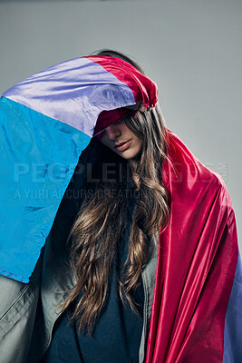 Buy stock photo Bisexual flag, pride and woman, lgbtq and freedom to love, inclusion and equality, protest for human rights. Gay, trans and lesbian, politics and identity with community isolated on studio background