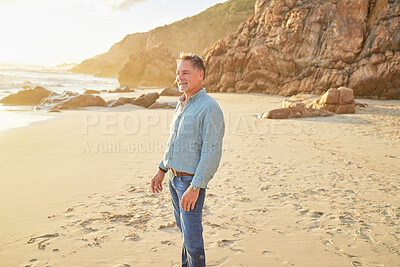 Buy stock photo Happy, relax and smile with old man at beach for vacation, retirement and summer break. Travel, seascape and holiday with senior tourist enjoying view in nature for resting, happiness and sunset