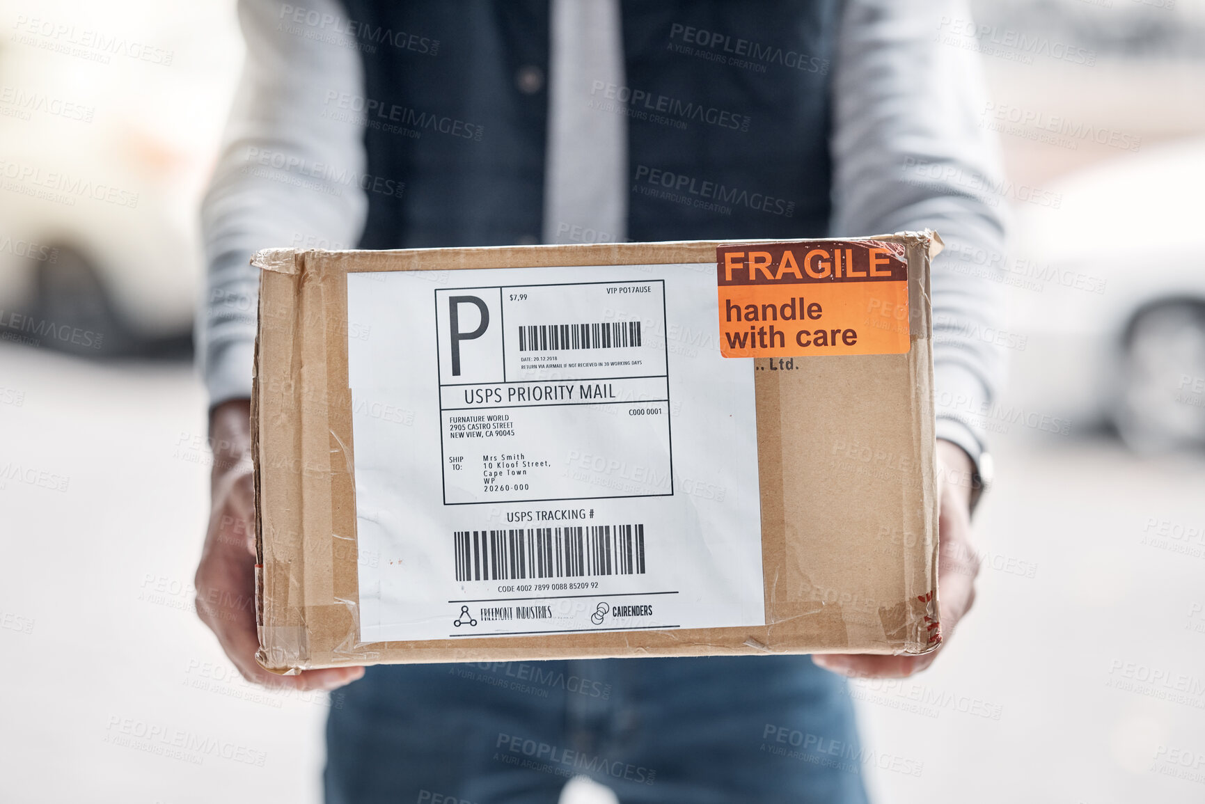 Buy stock photo Fragile box, courier hands and delivery man with retail sales product, shopping stock or cardboard shipping container. Logistics supply chain, distribution service and person with cargo package label