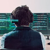 Coding, computer screen with man, programmer and web design, software ...