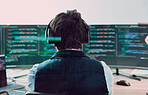 Coding, computer screen with man, programmer and web design, software update with information technology and code. Cybersecurity, ux and wifi, headphones and cyber space with programming back view